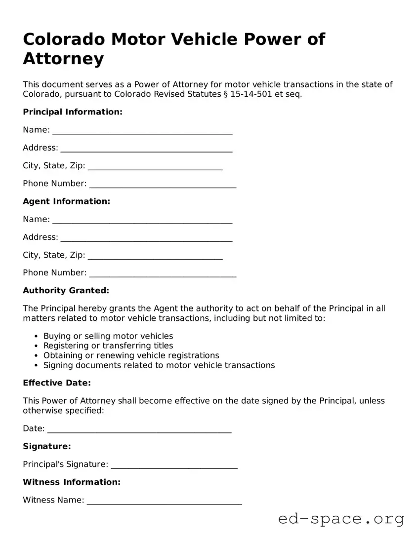 Free  Motor Vehicle Power of Attorney Form for Colorado