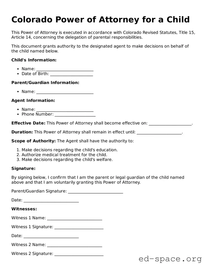 Free  Power of Attorney for a Child Form for Colorado