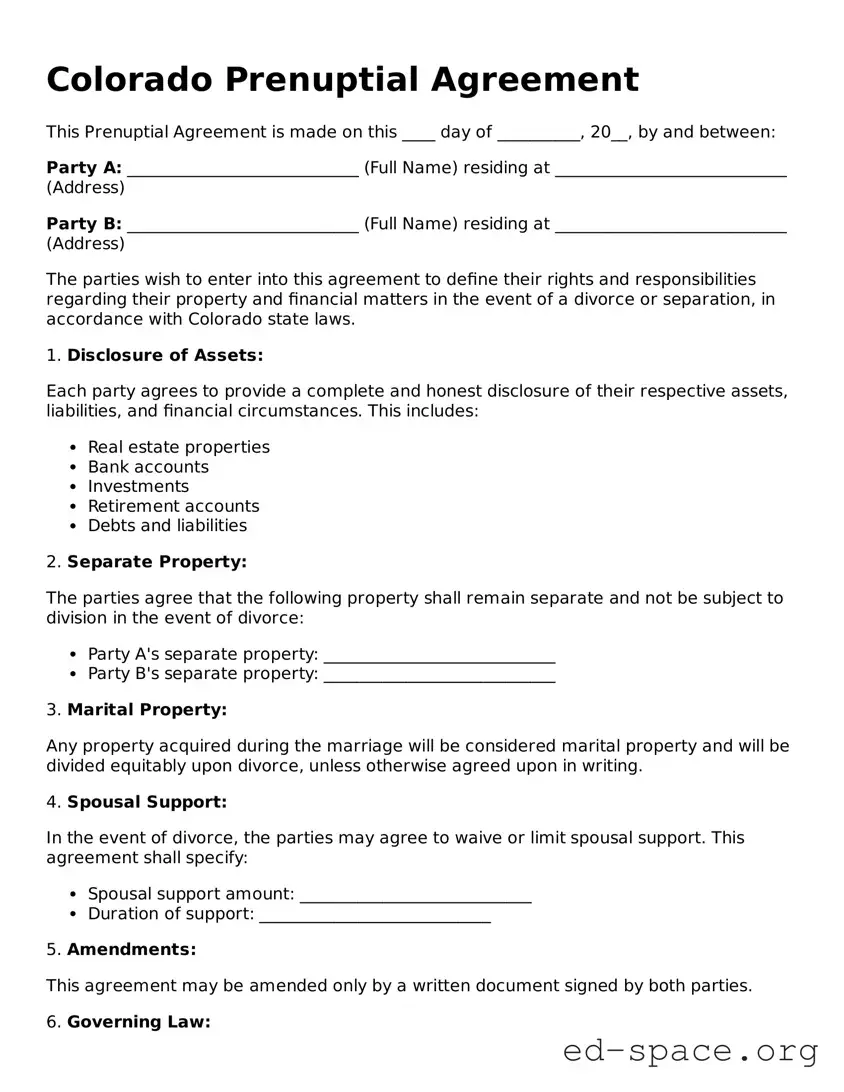 Free  Prenuptial Agreement Form for Colorado