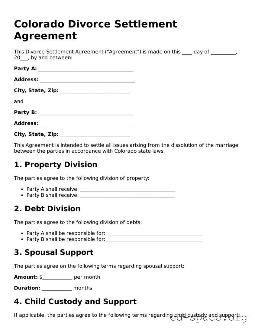 Free  Divorce Settlement Agreement Form for Colorado