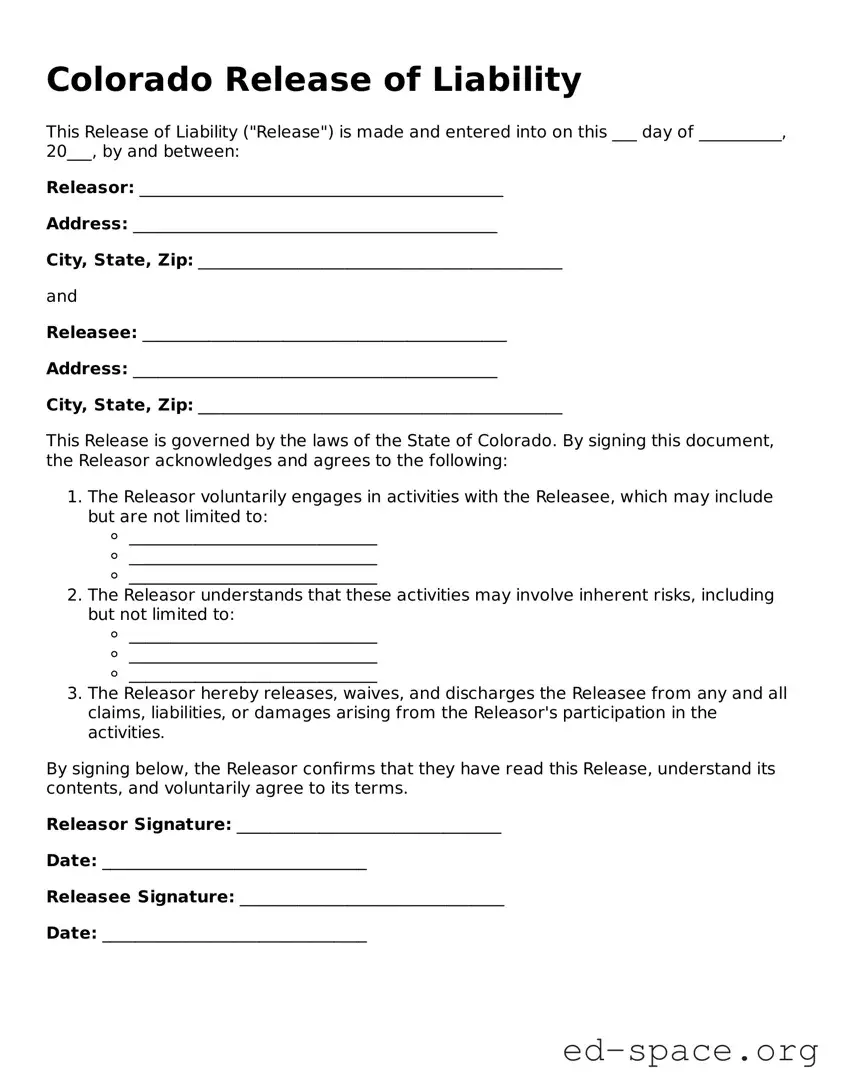 Free  Release of Liability Form for Colorado