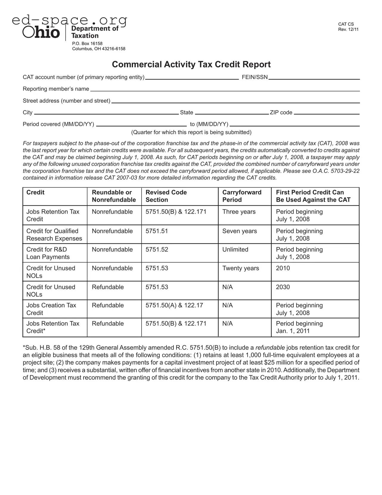 Blank Ohio Cat Cs PDF Form