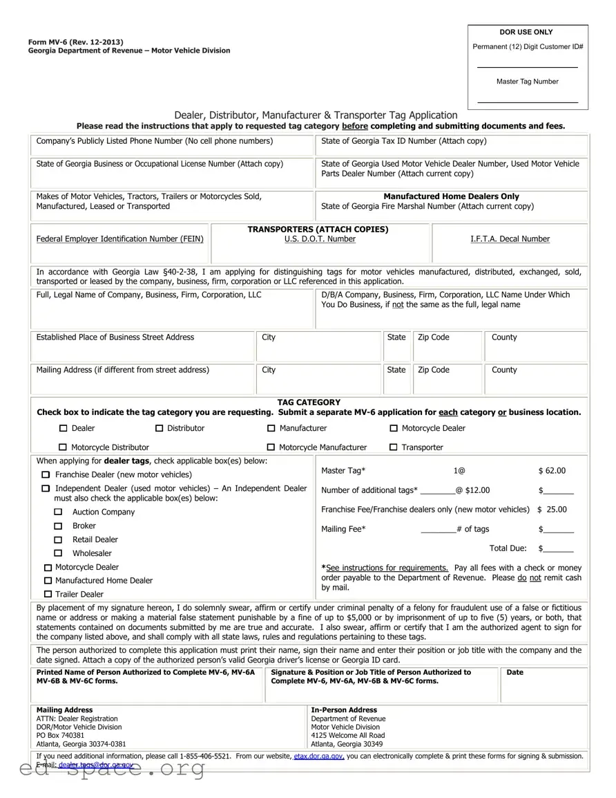 Blank Mv6 Georgia PDF Form