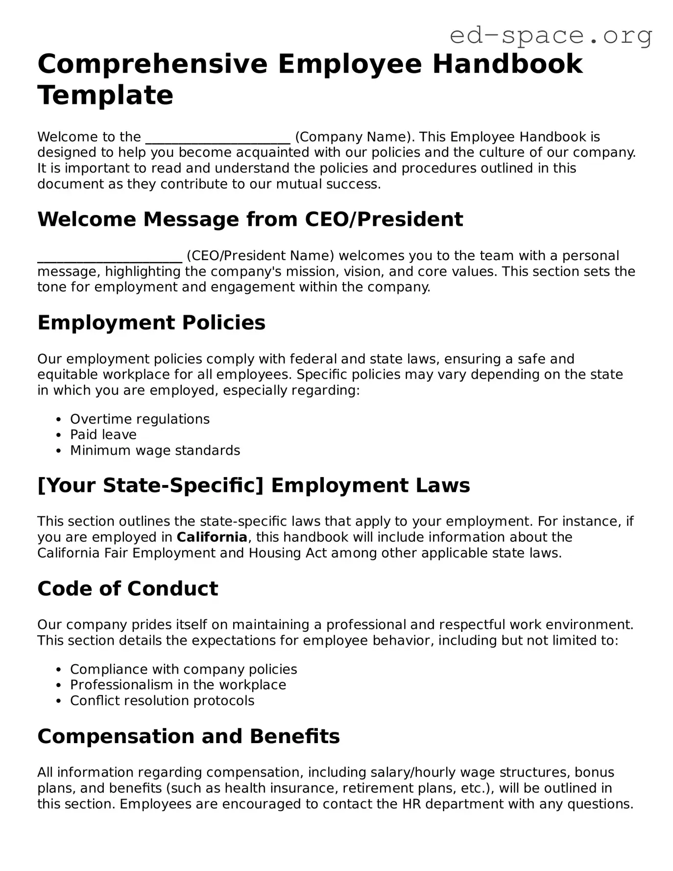 Fillable Employee Handbook Template