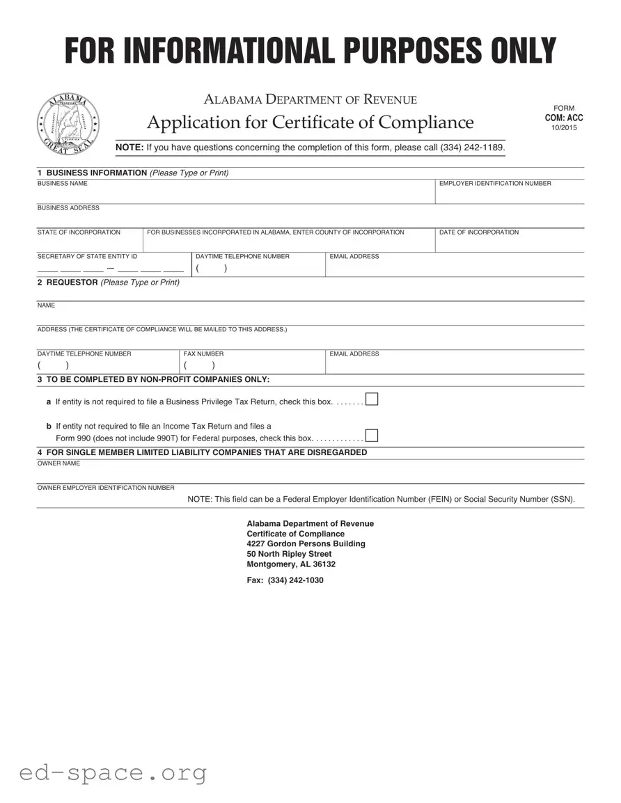 Blank Alabama Certificate Of Compliance PDF Form