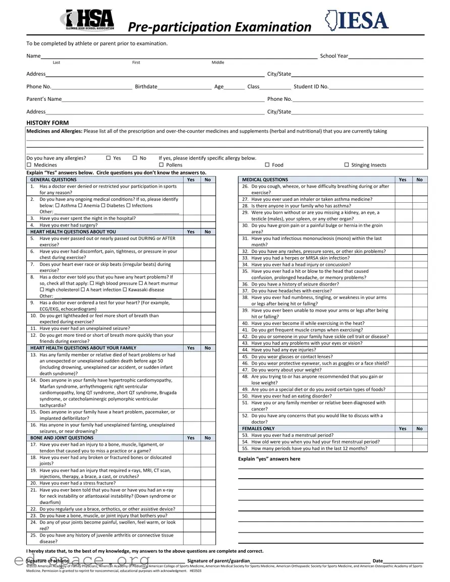 Blank Illinois Pre Participation Physical PDF Form