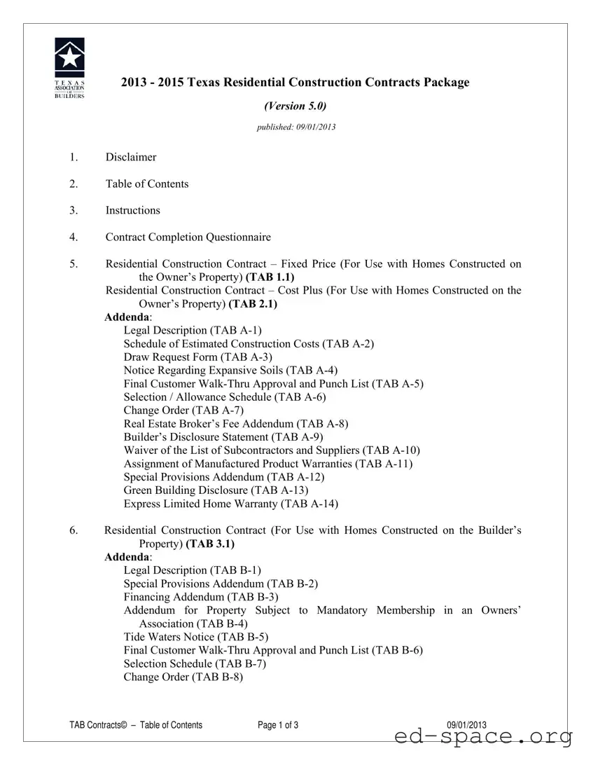 Blank Texas Builders Association Fixed Cost PDF Form