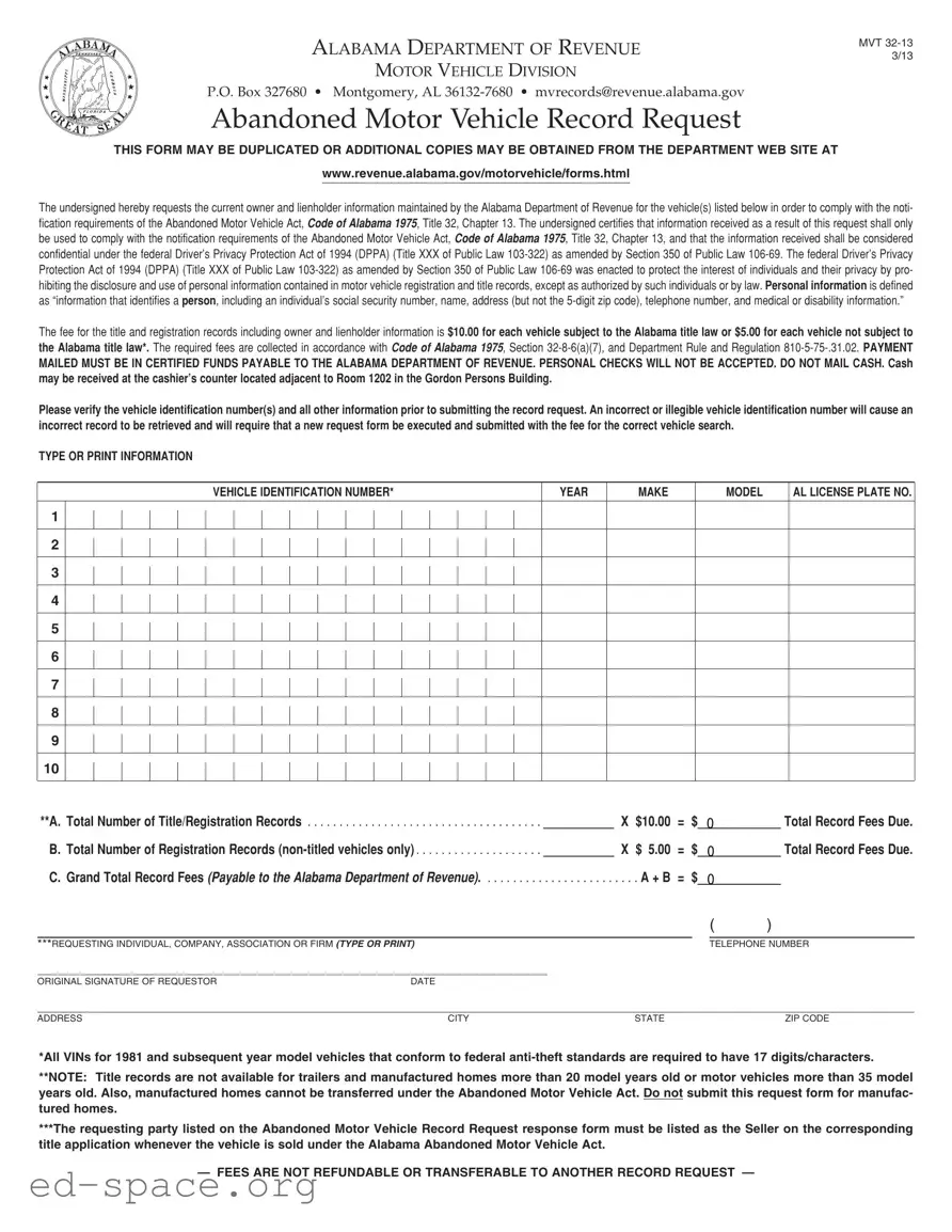 Blank Alabama Abandoned Vehicle PDF Form