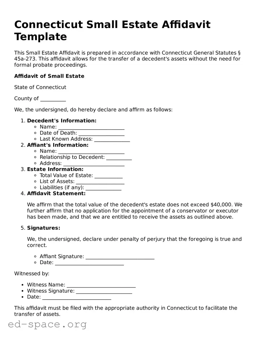 Free  Small Estate Affidavit Form for Connecticut