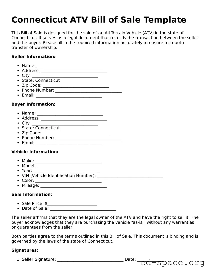 Free  ATV Bill of Sale Form for Connecticut