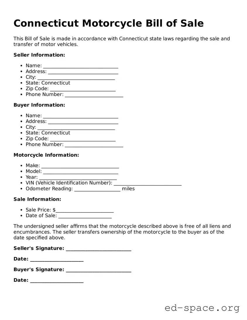 Free  Motorcycle Bill of Sale Form for Connecticut