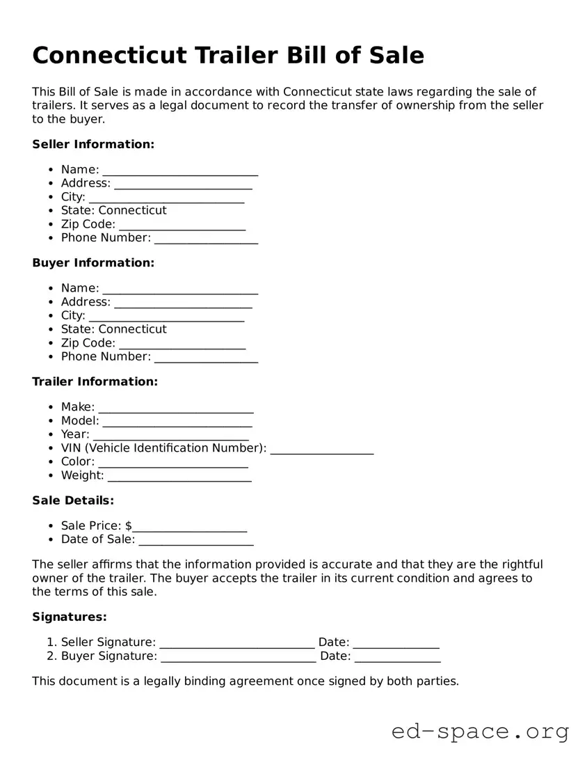 Free  Trailer Bill of Sale Form for Connecticut
