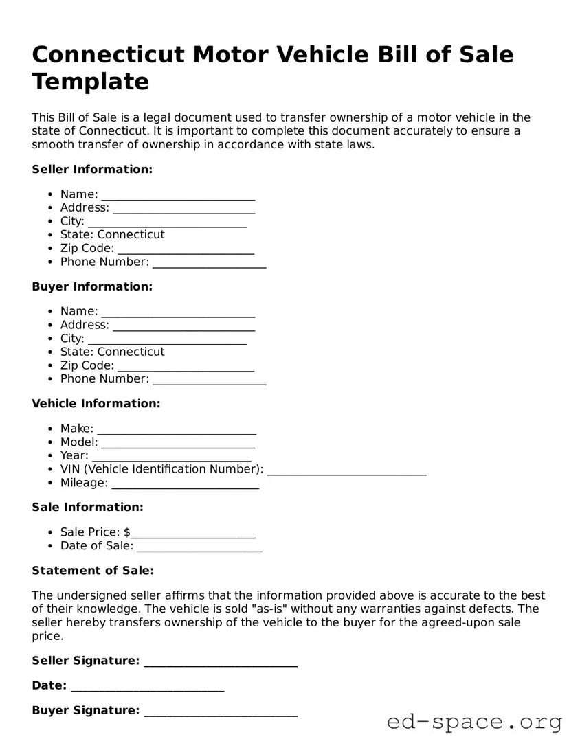 Free  Motor Vehicle Bill of Sale Form for Connecticut