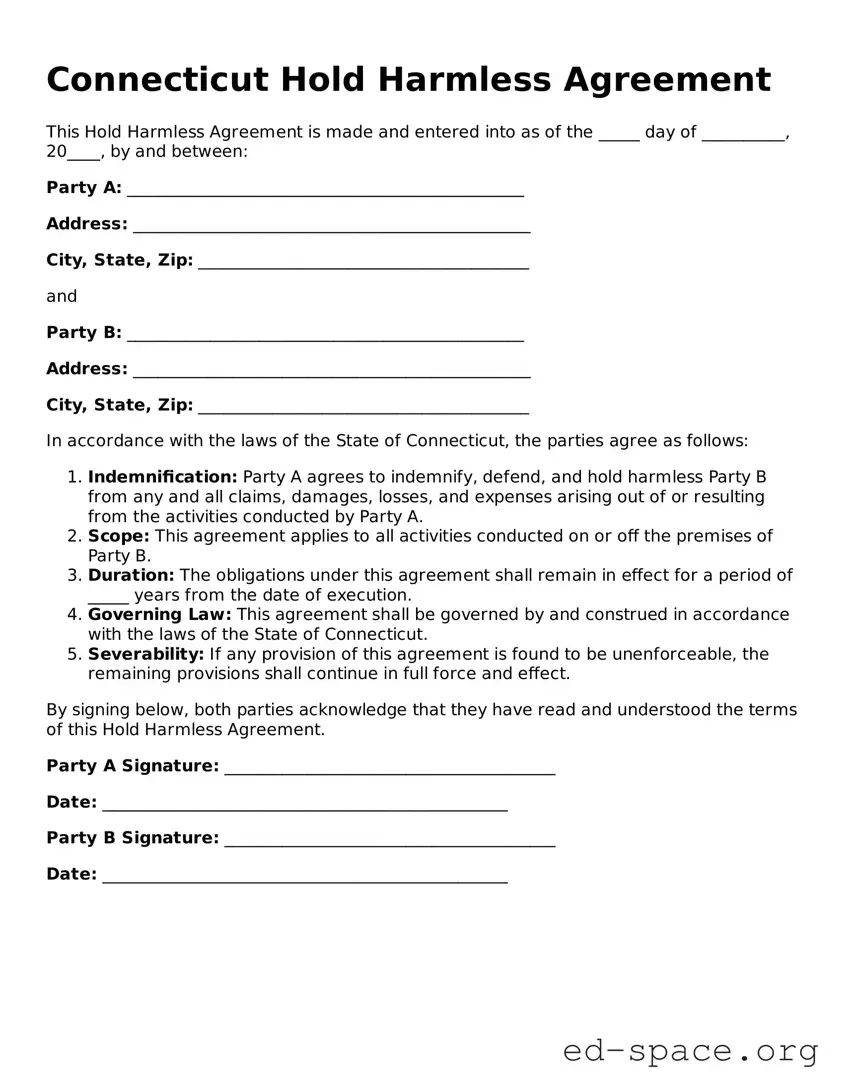 Free  Hold Harmless Agreement Form for Connecticut