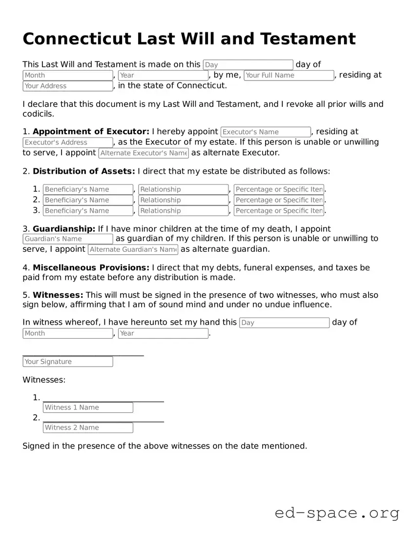 Free  Last Will and Testament Form for Connecticut