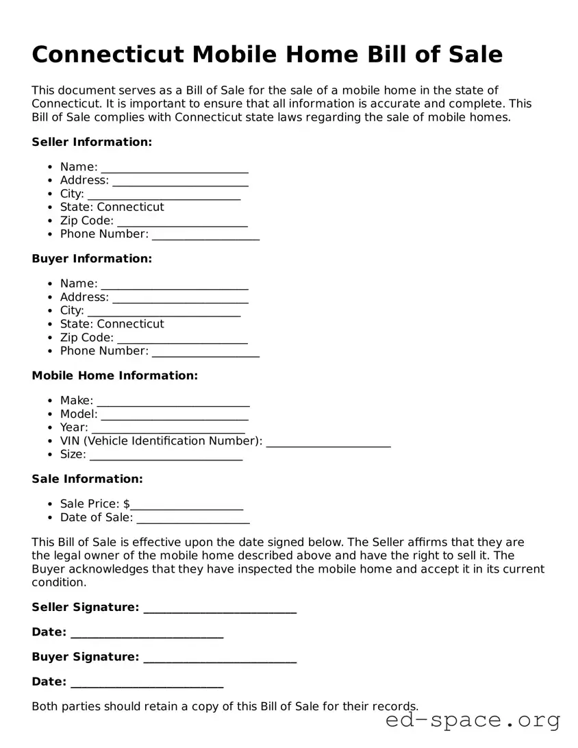 Free  Mobile Home Bill of Sale Form for Connecticut
