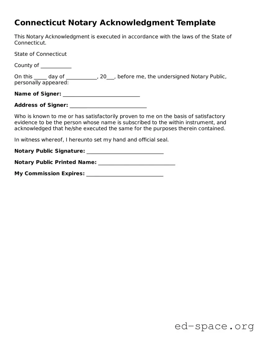 Free  Notary Acknowledgement Form for Connecticut