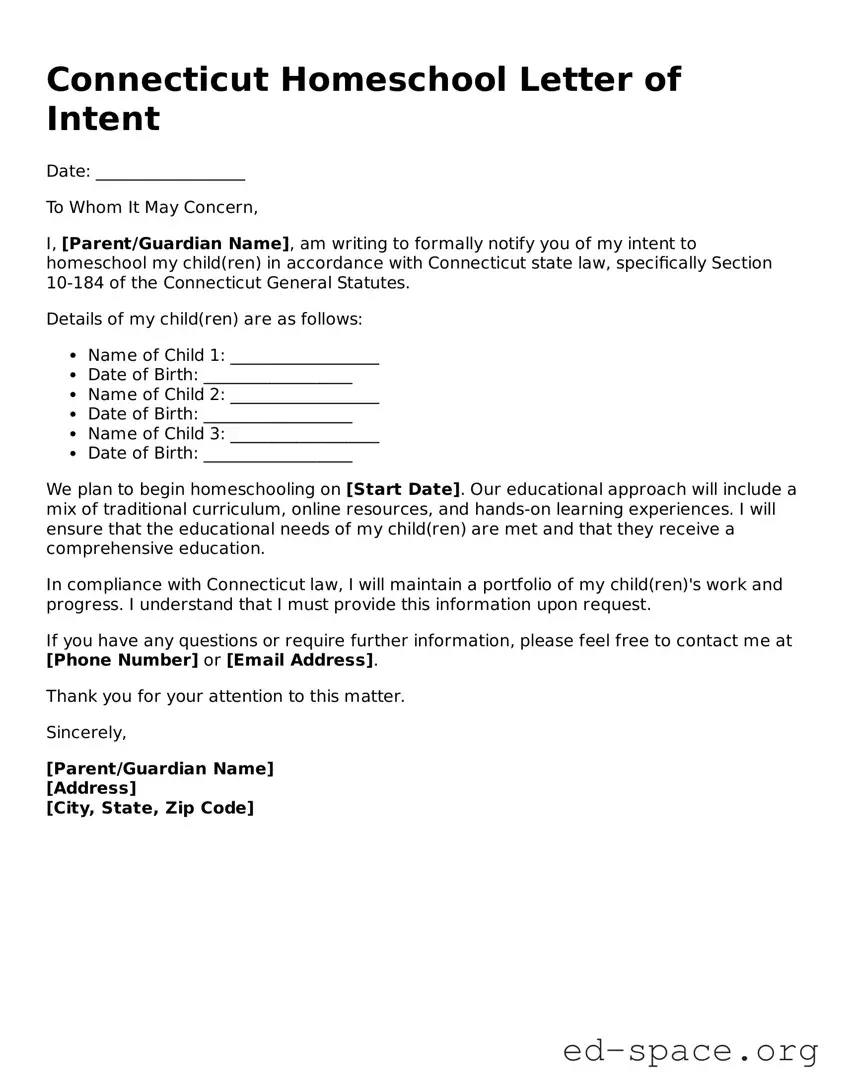 Free  Homeschool Letter of Intent Form for Connecticut