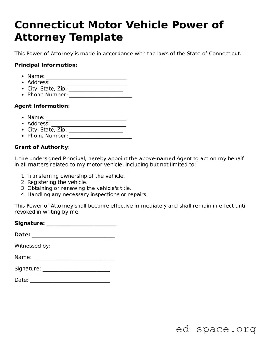 Free  Motor Vehicle Power of Attorney Form for Connecticut