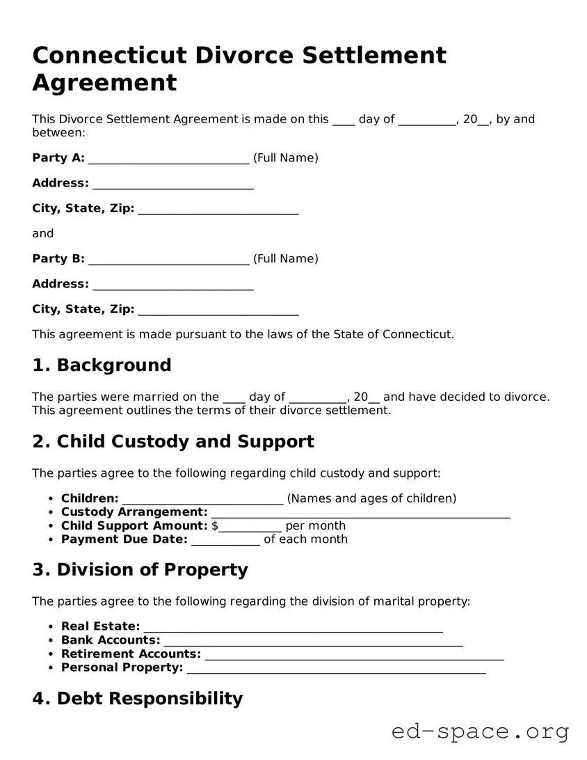 Free  Divorce Settlement Agreement Form for Connecticut