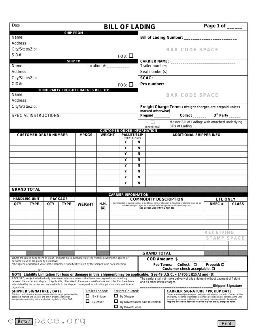 Blank Bill Of Lading PDF Form