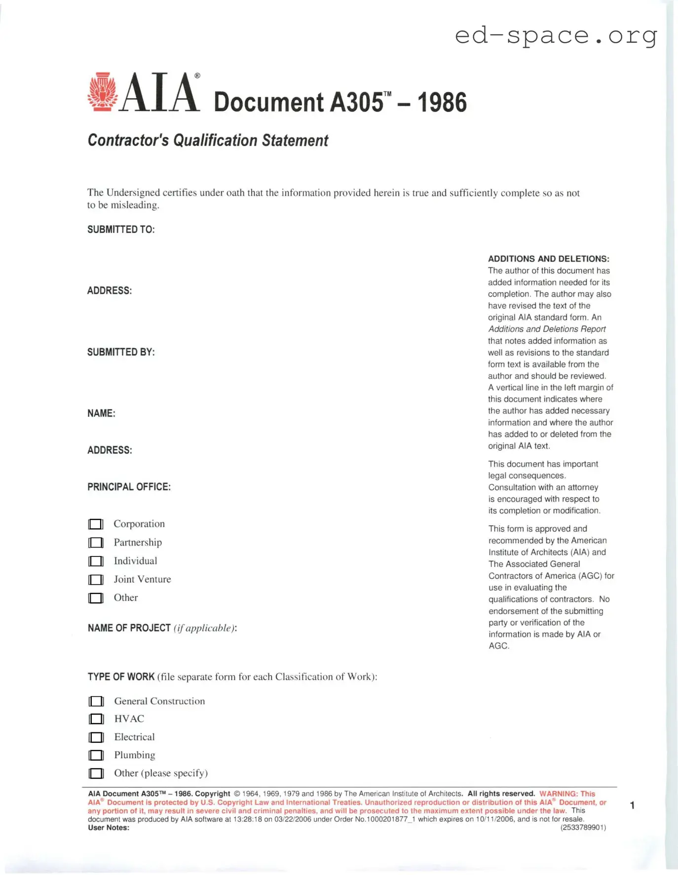 Blank AIA A305 PDF Form