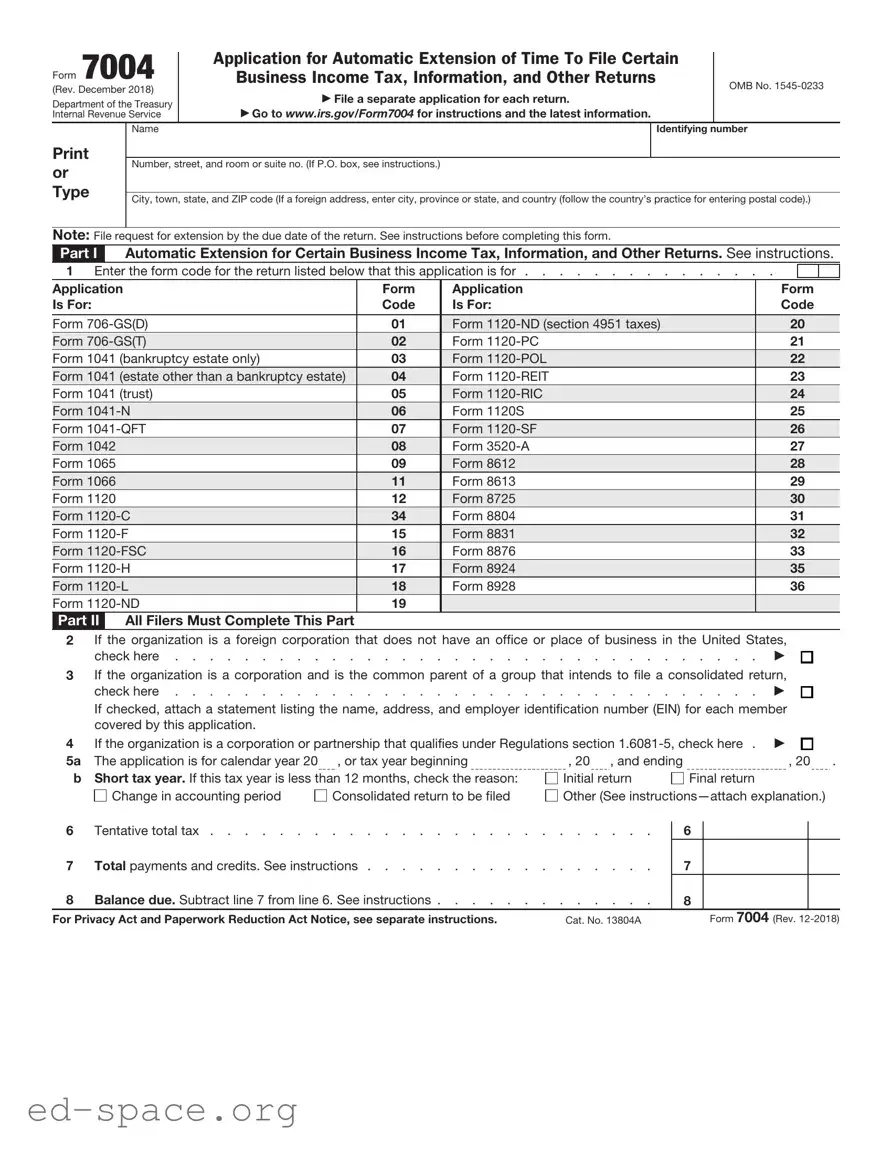 Blank IRS 7004 PDF Form