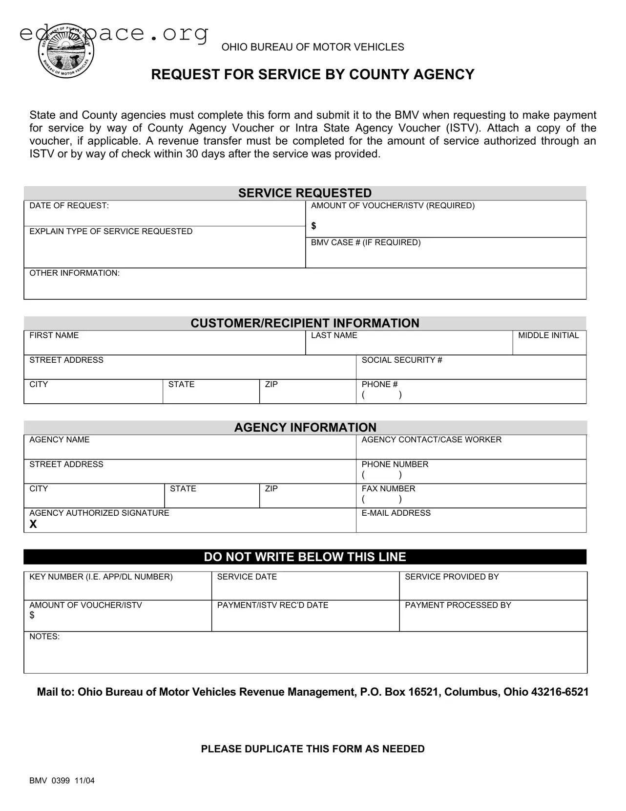 Blank Ohio Bmv 0399 PDF Form