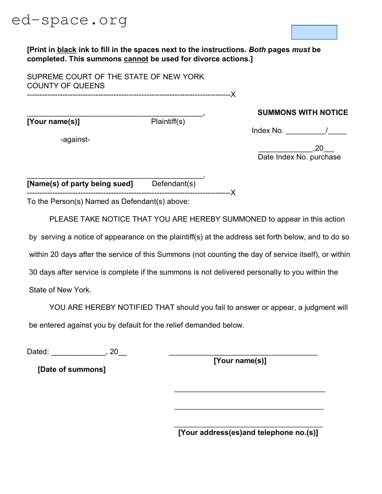 Blank New York Court Summons PDF Form
