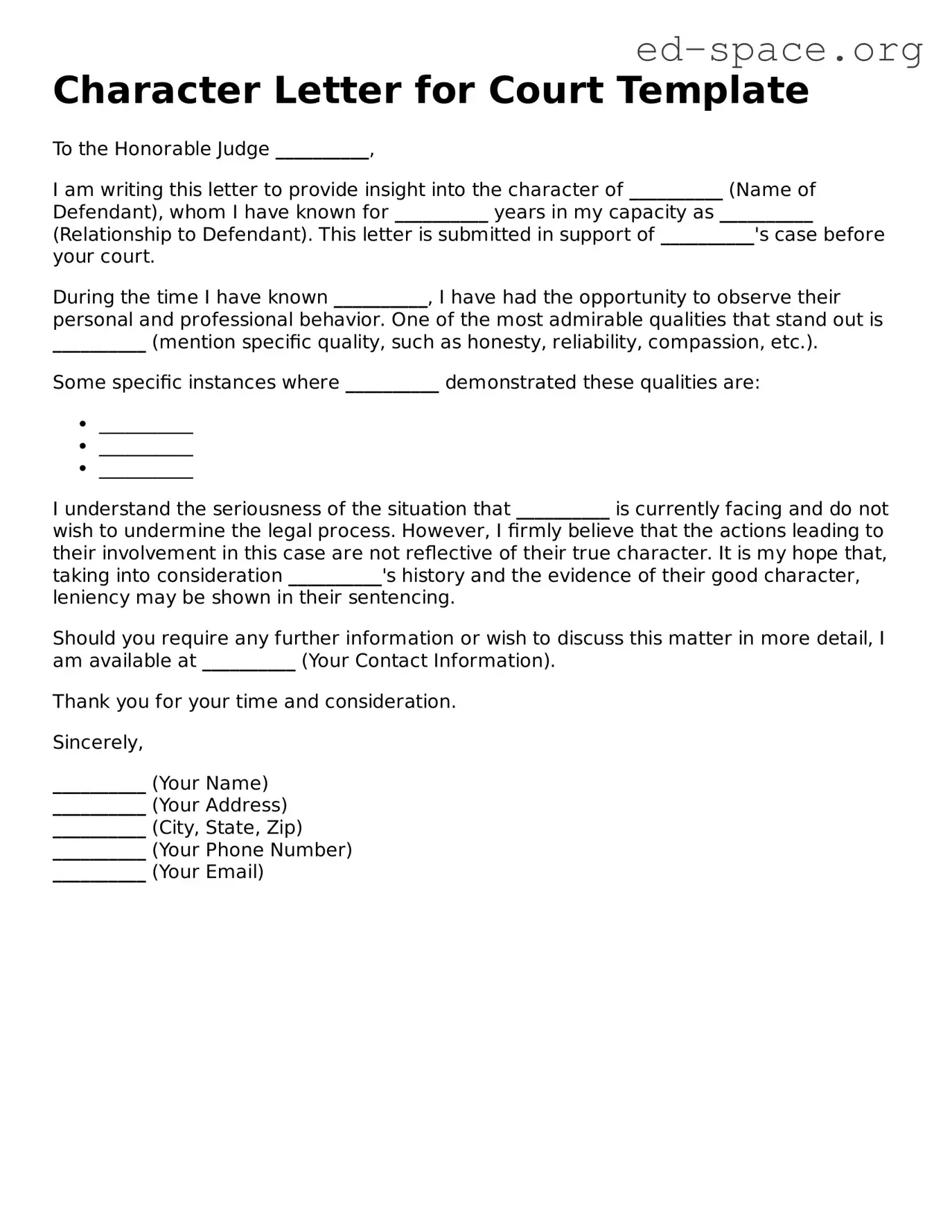 Fillable Character Letter for Court Template