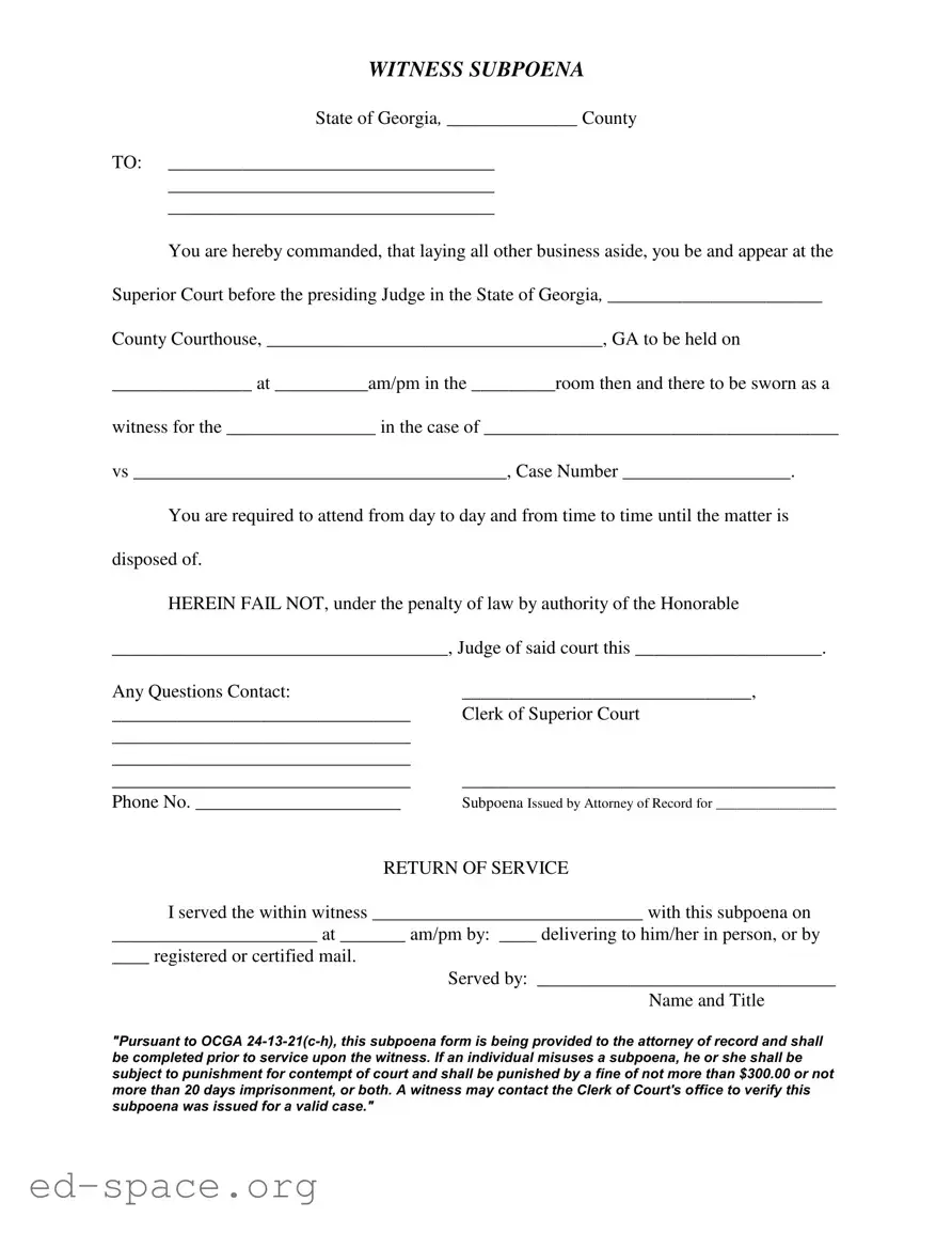 Blank Georgia Witness Subpoena PDF Form