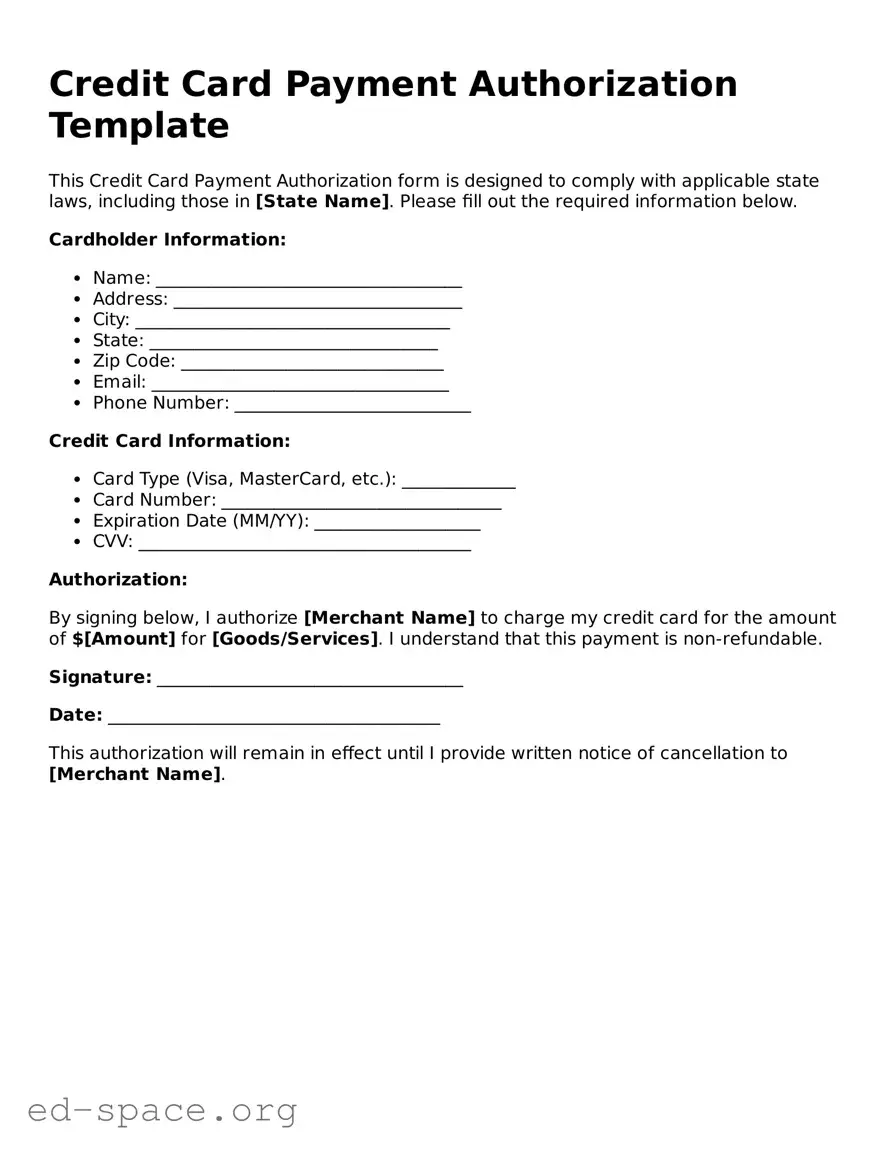 Fillable Credit Card Payment Authorization Template