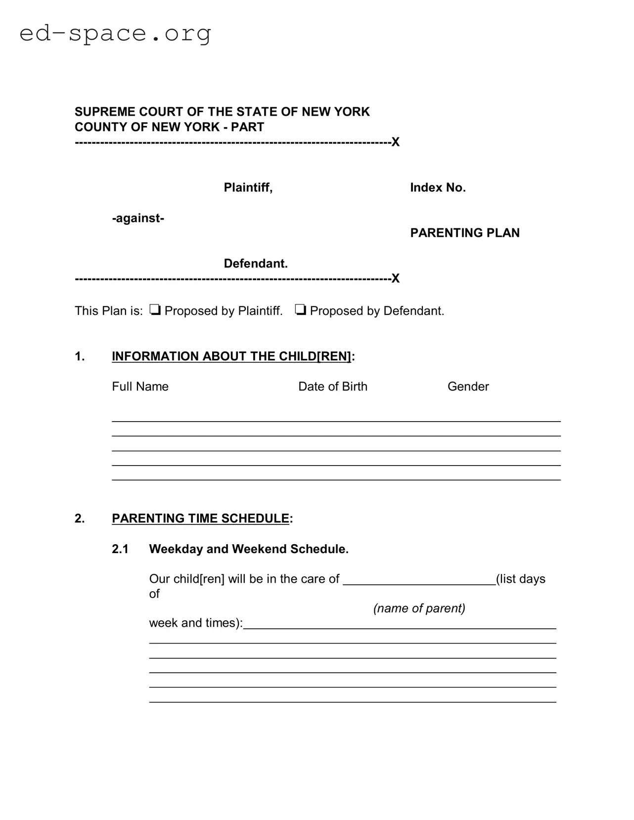 Blank New York Parenting Plan PDF Form