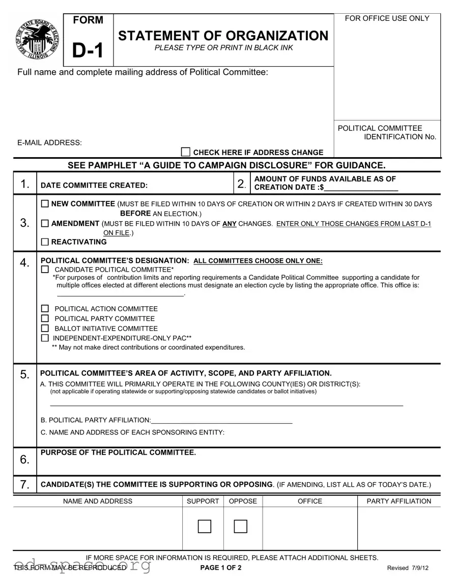 Blank D 1 Statement Organization Illinois PDF Form