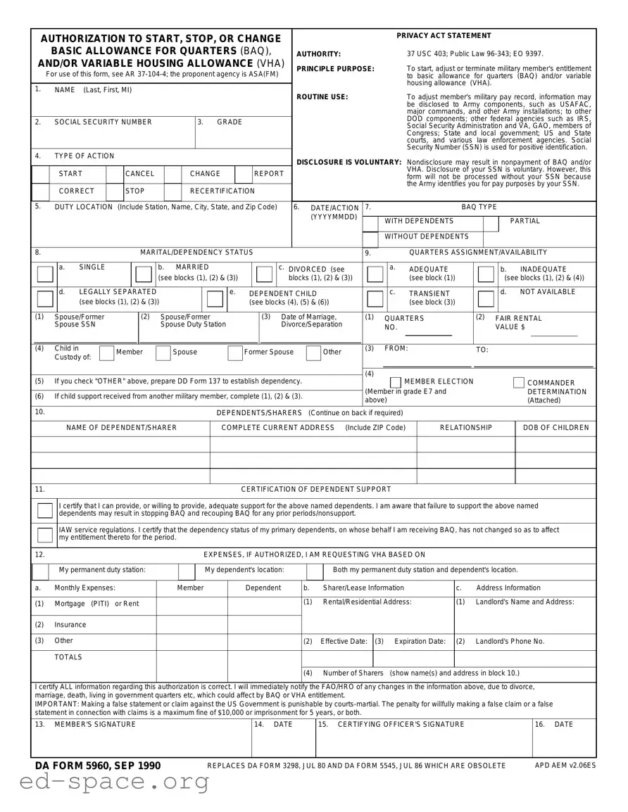 Blank DA 5960 PDF Form