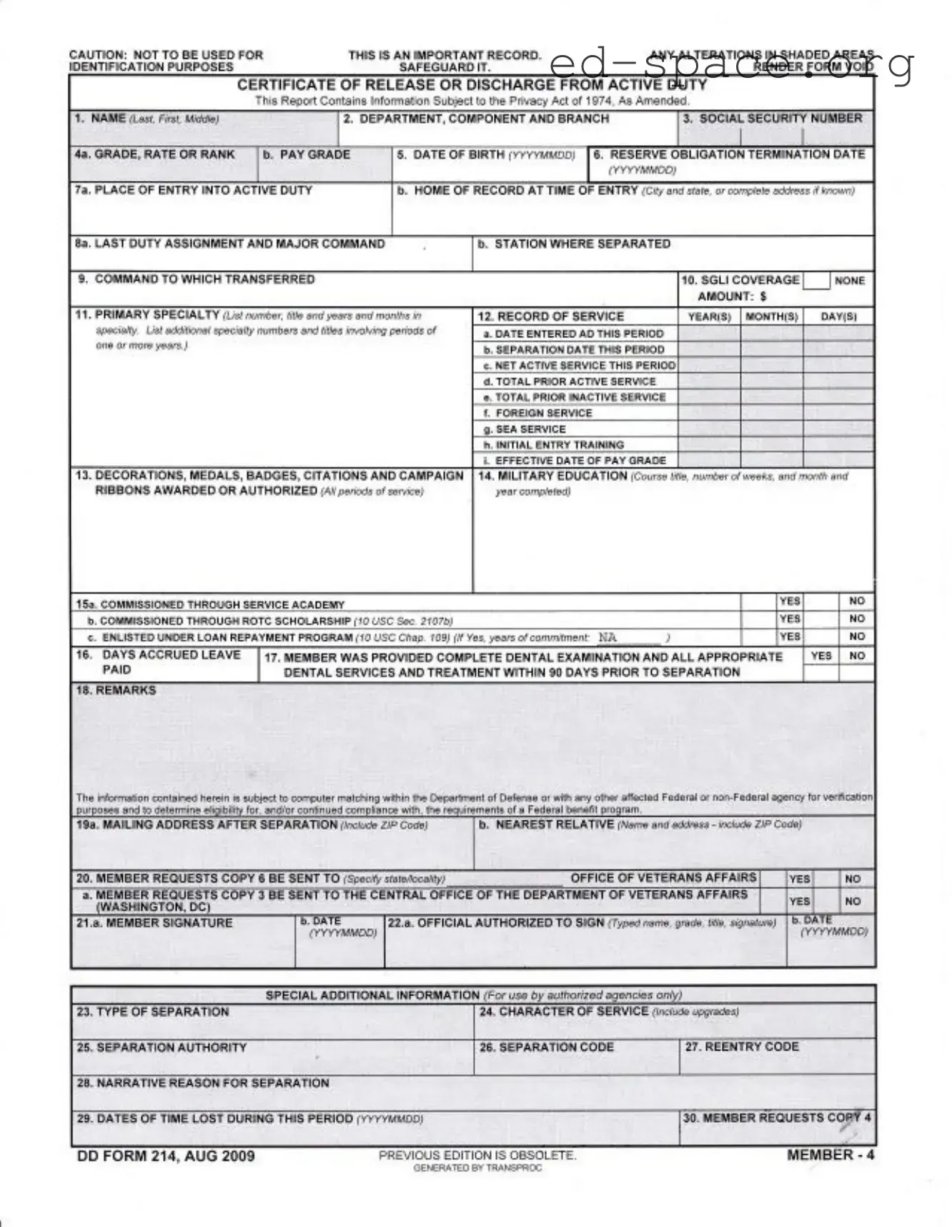 Blank Dd 214 PDF Form