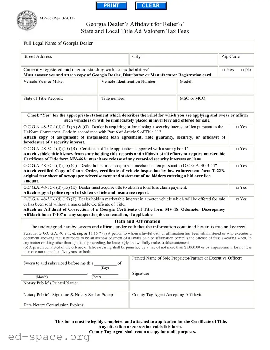 Blank Georgia Mv 66 PDF Form