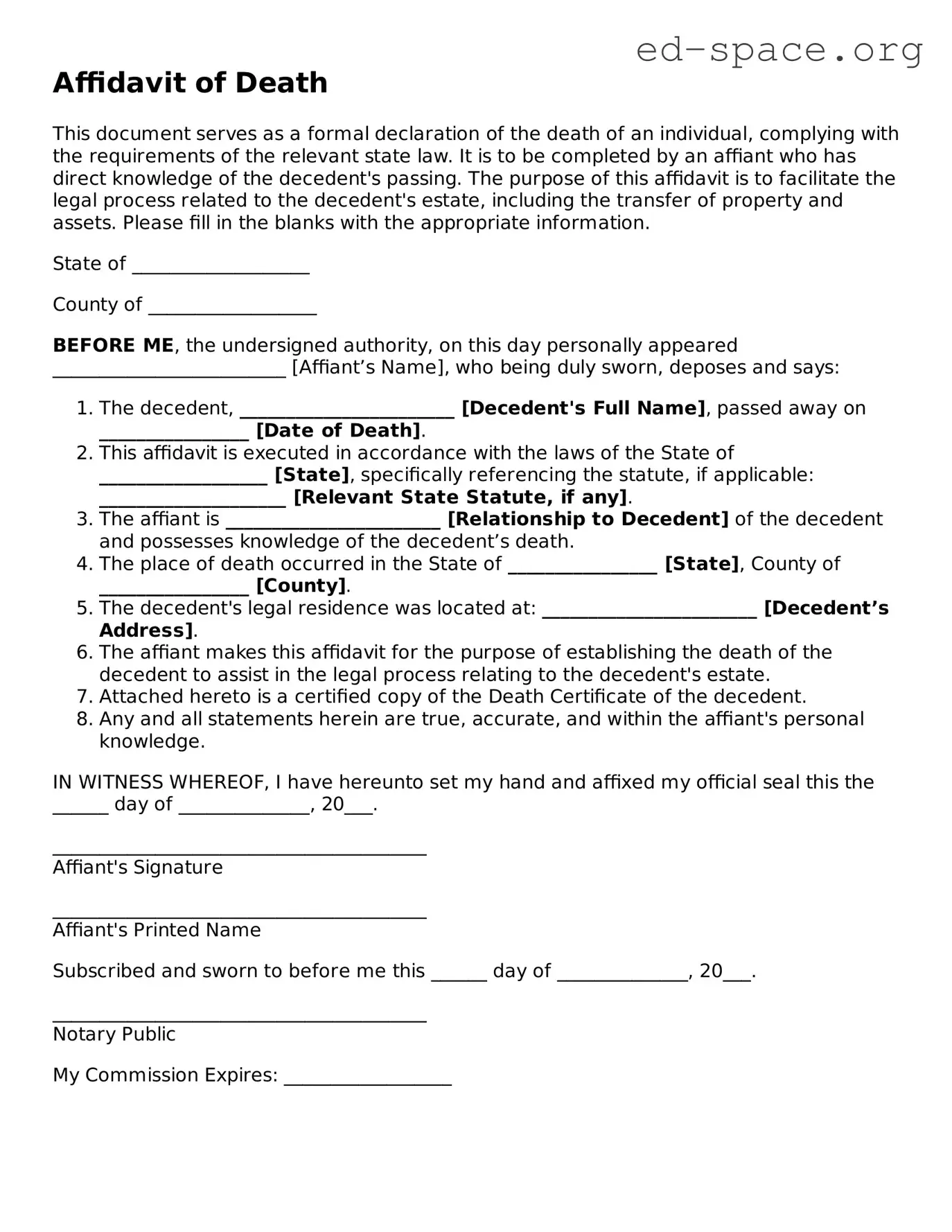 Fillable Affidavit of Death Template