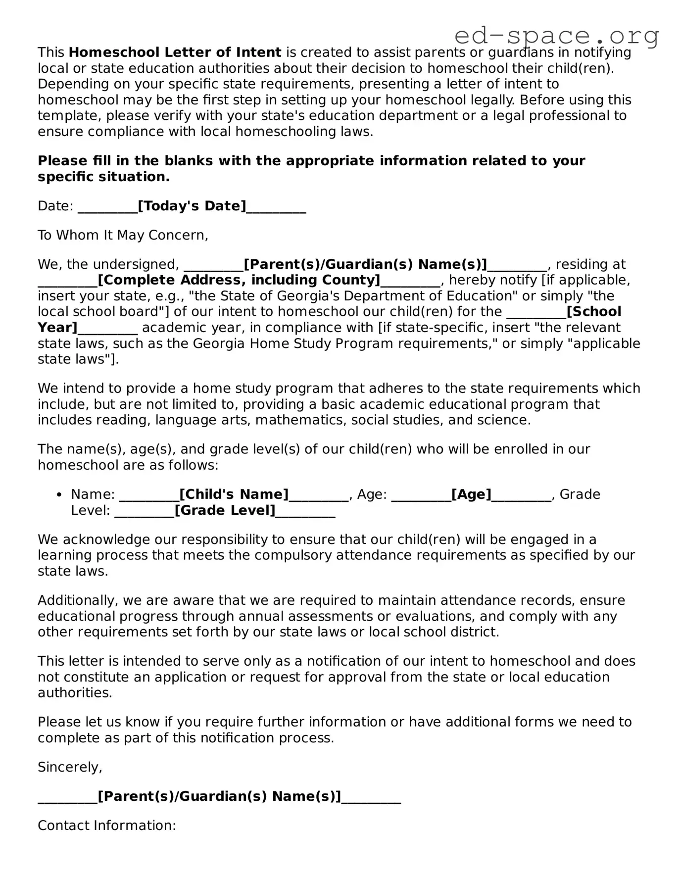 Fillable Homeschool Letter of Intent Template