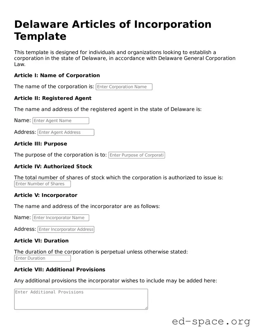 Free  Articles of Incorporation Form for Delaware