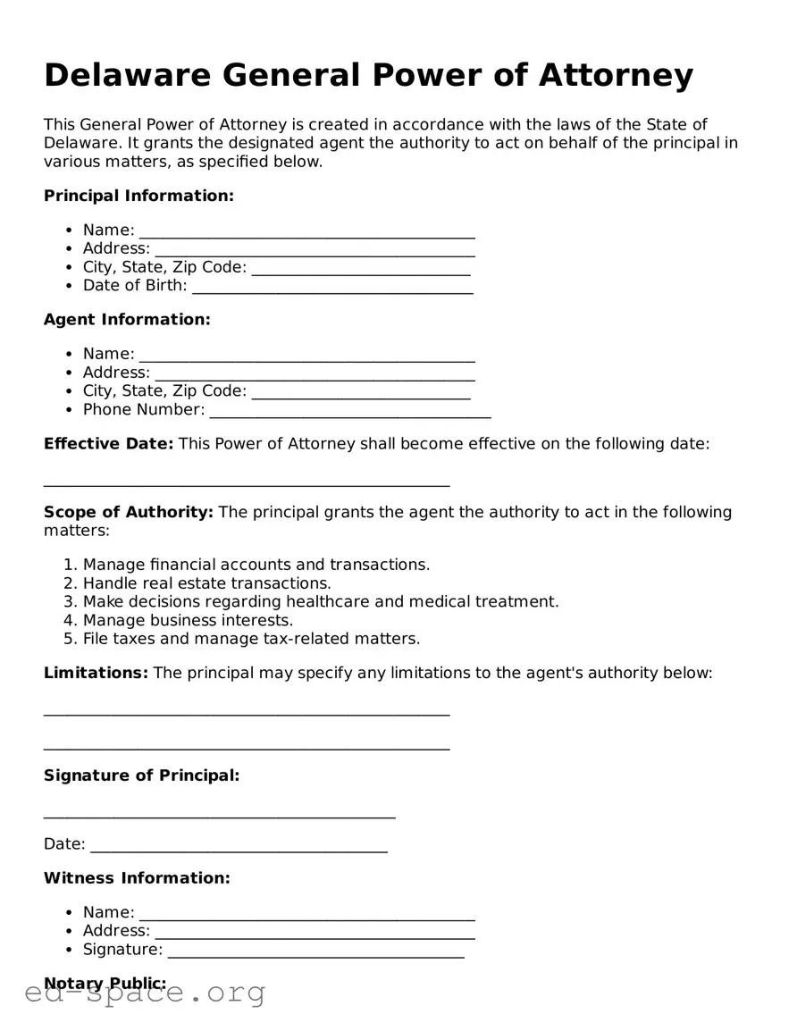 Free  General Power of Attorney Form for Delaware