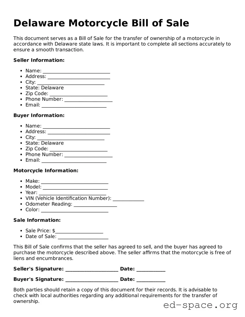 Free  Motorcycle Bill of Sale Form for Delaware