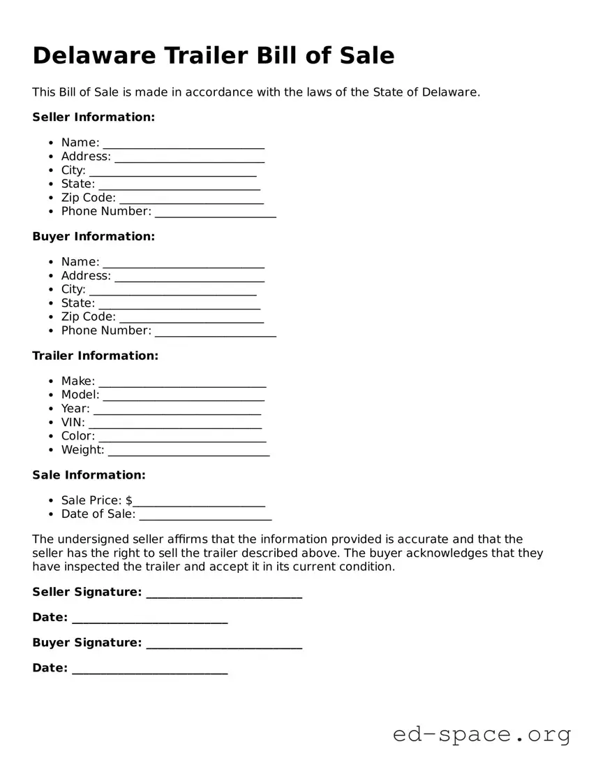 Free  Trailer Bill of Sale Form for Delaware