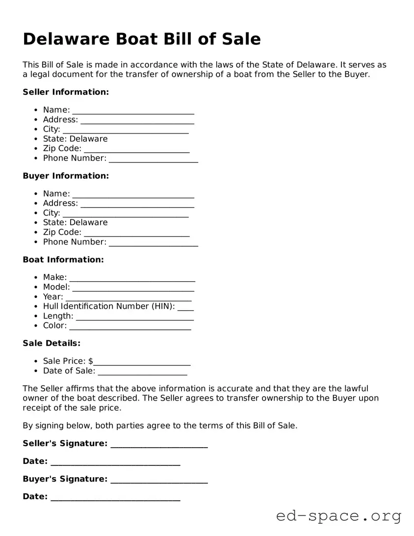 Free  Boat Bill of Sale Form for Delaware