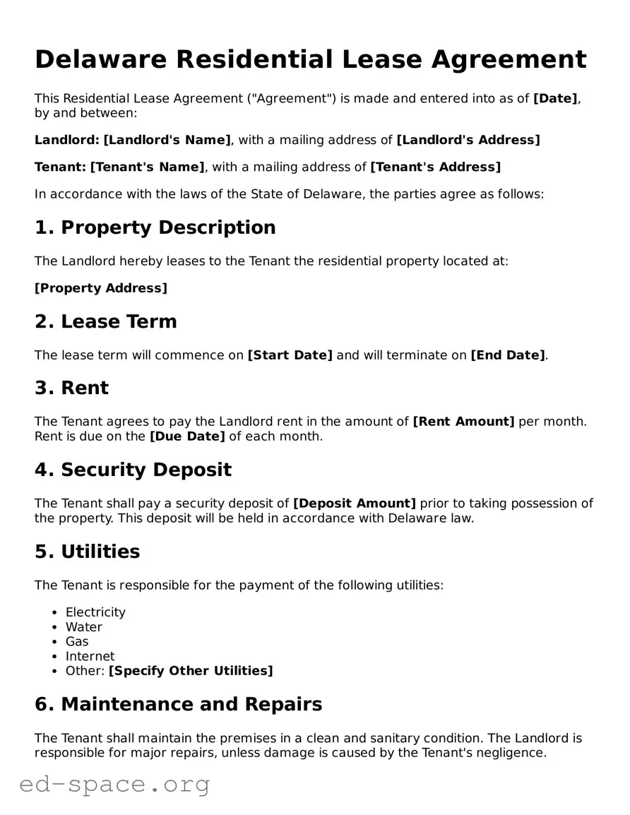 Free  Residential Lease Agreement Form for Delaware