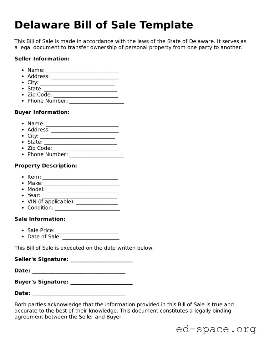 Free  Bill of Sale Form for Delaware