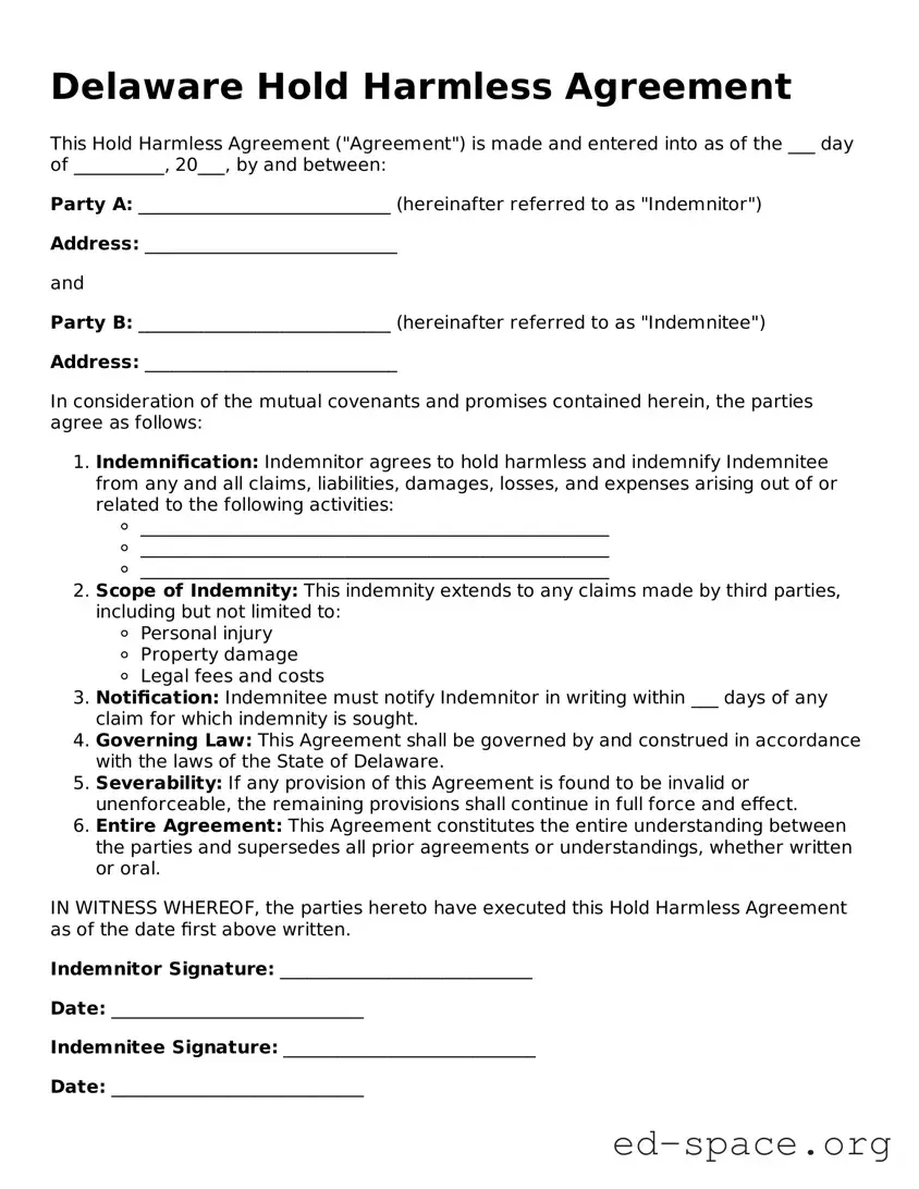 Free  Hold Harmless Agreement Form for Delaware