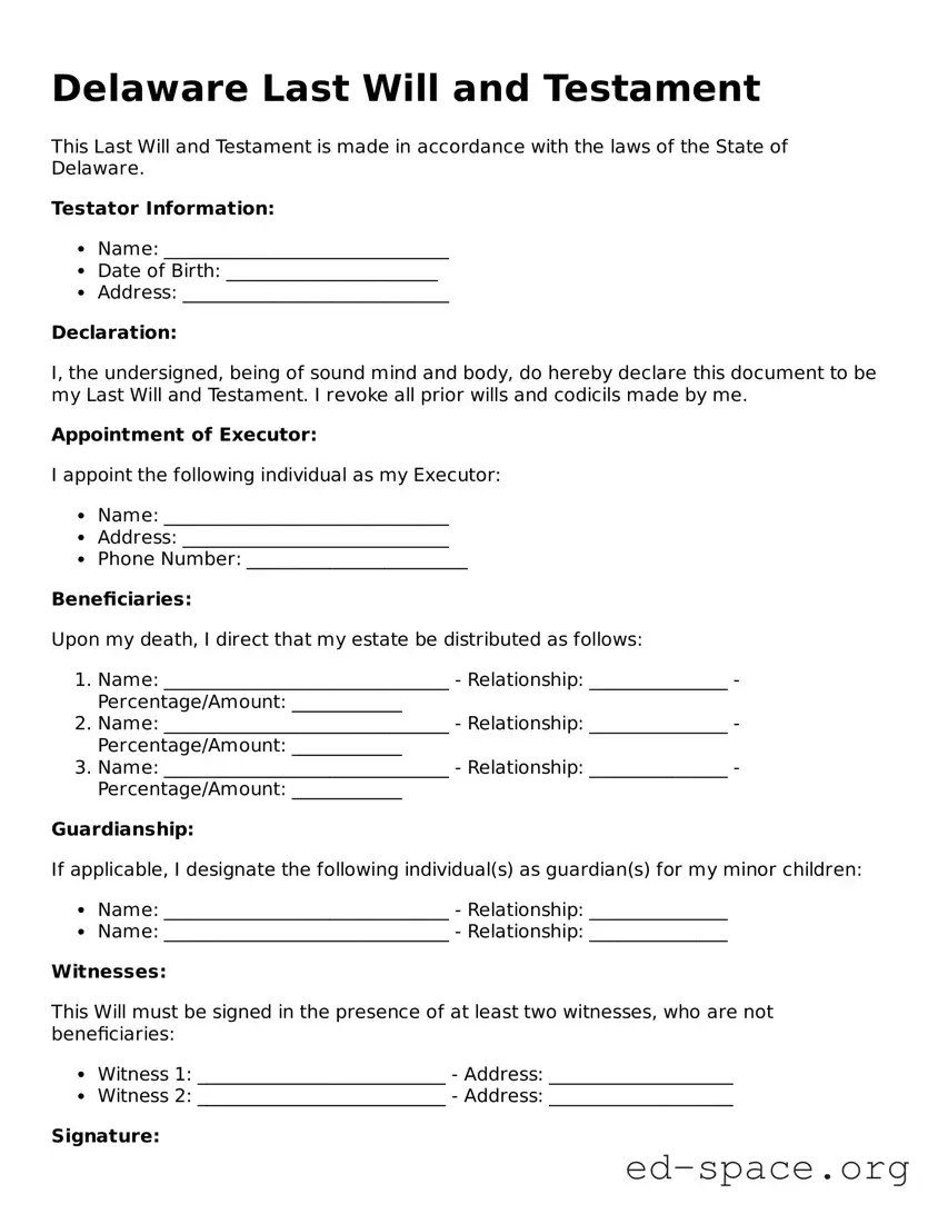 Free  Last Will and Testament Form for Delaware