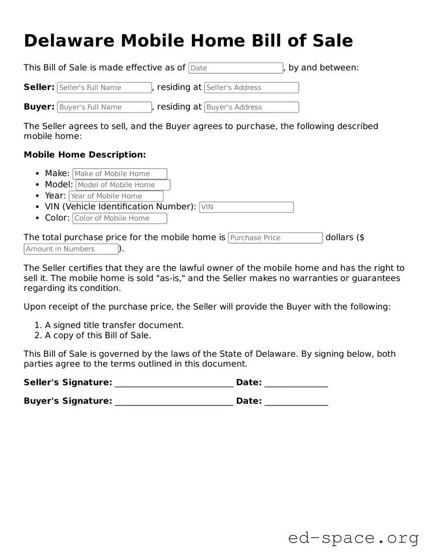 Free  Mobile Home Bill of Sale Form for Delaware
