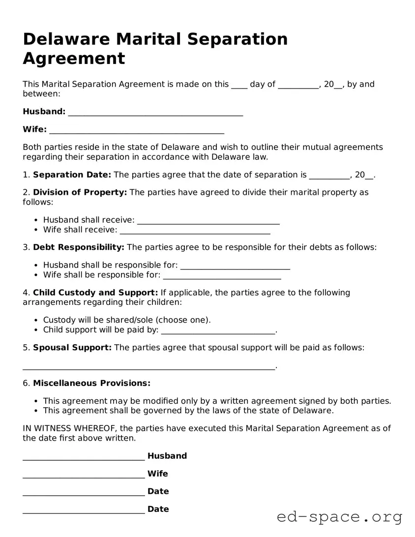 Free  Marital Separation Agreement Form for Delaware